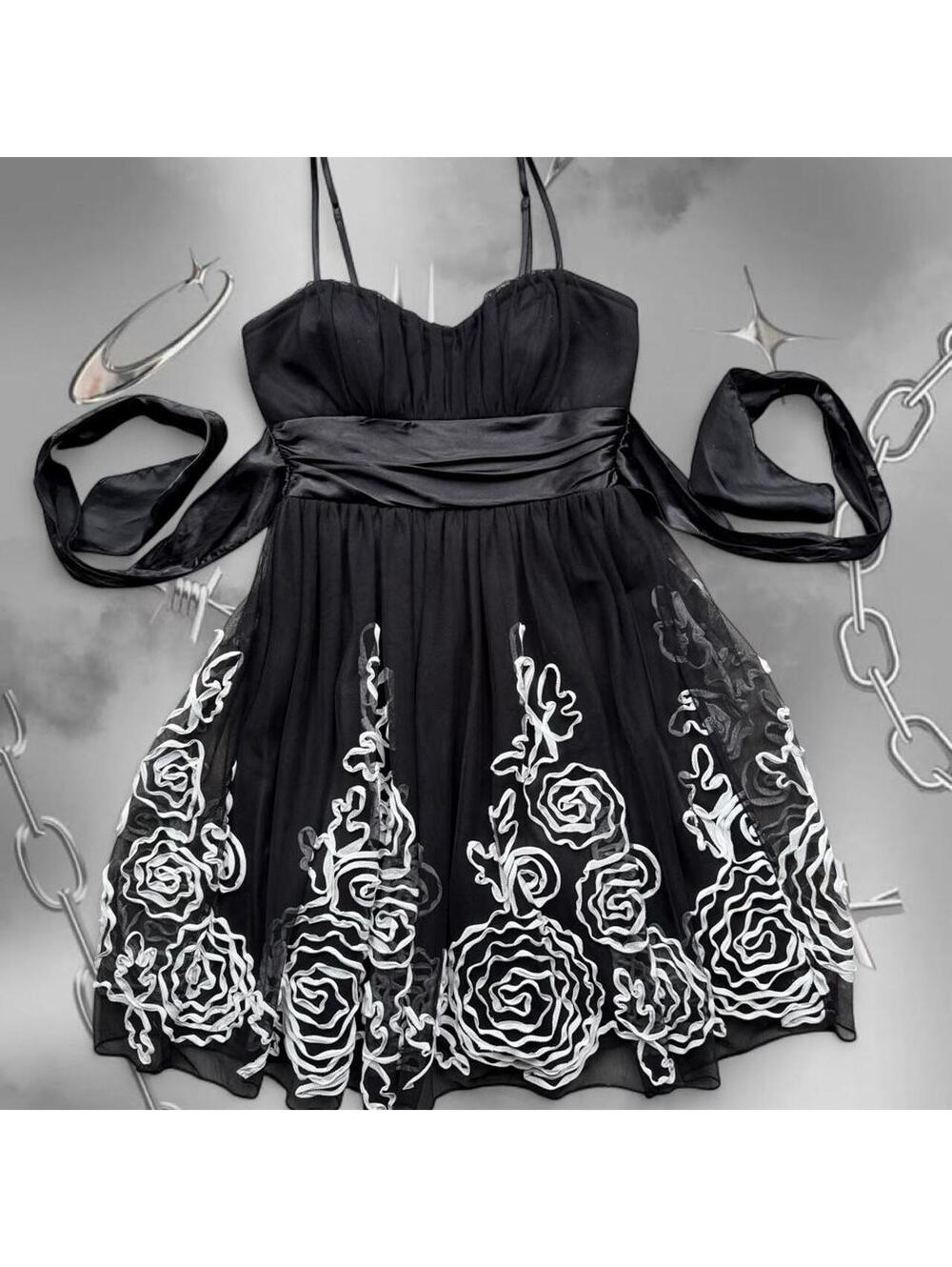 Y2K Whimsygoth Romantic Floral Embroidered Babydoll Mini Dress S